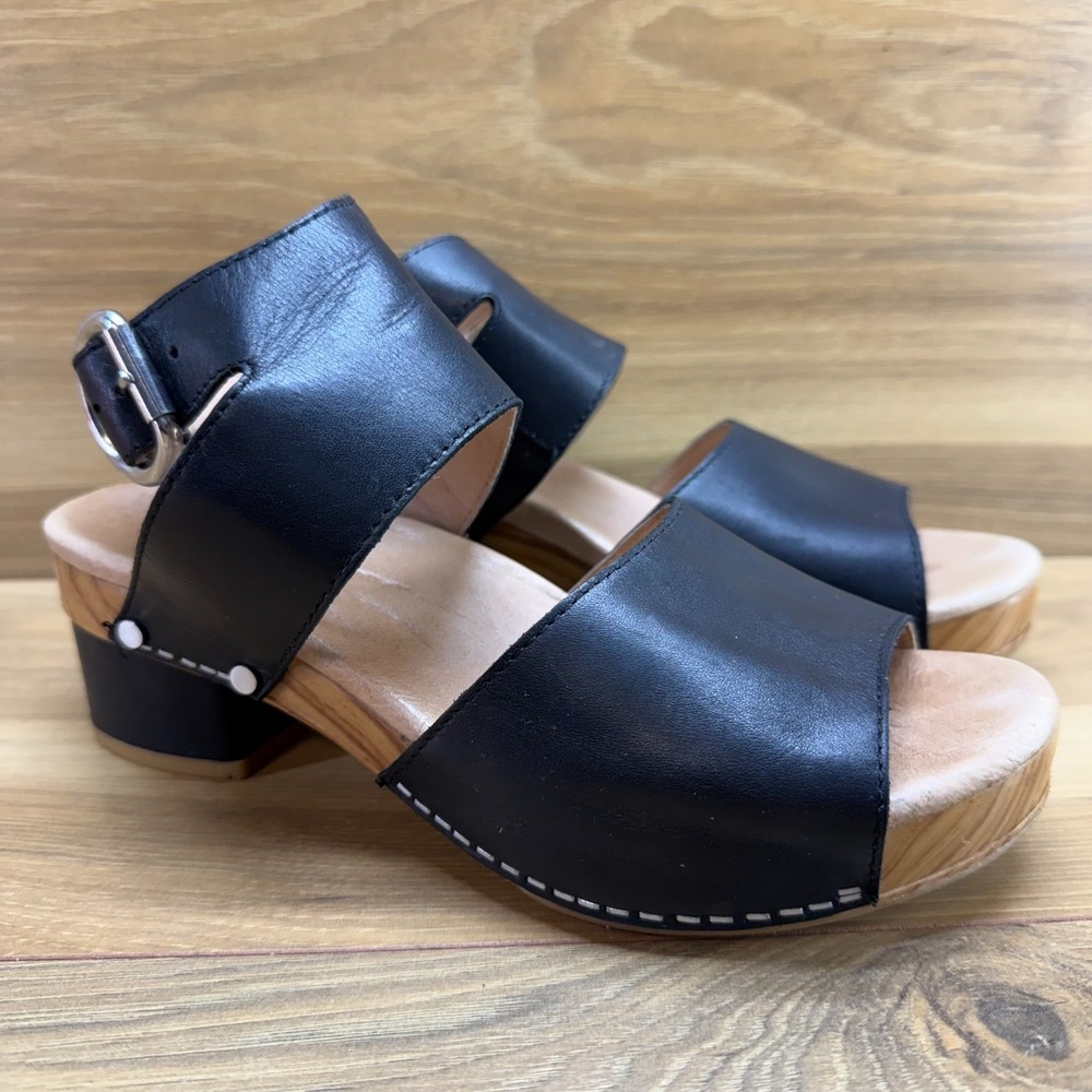 DANSKO Minka Sandals 7 EU 37 Black Leather Ankle Strap Wood Minimalist Chunky